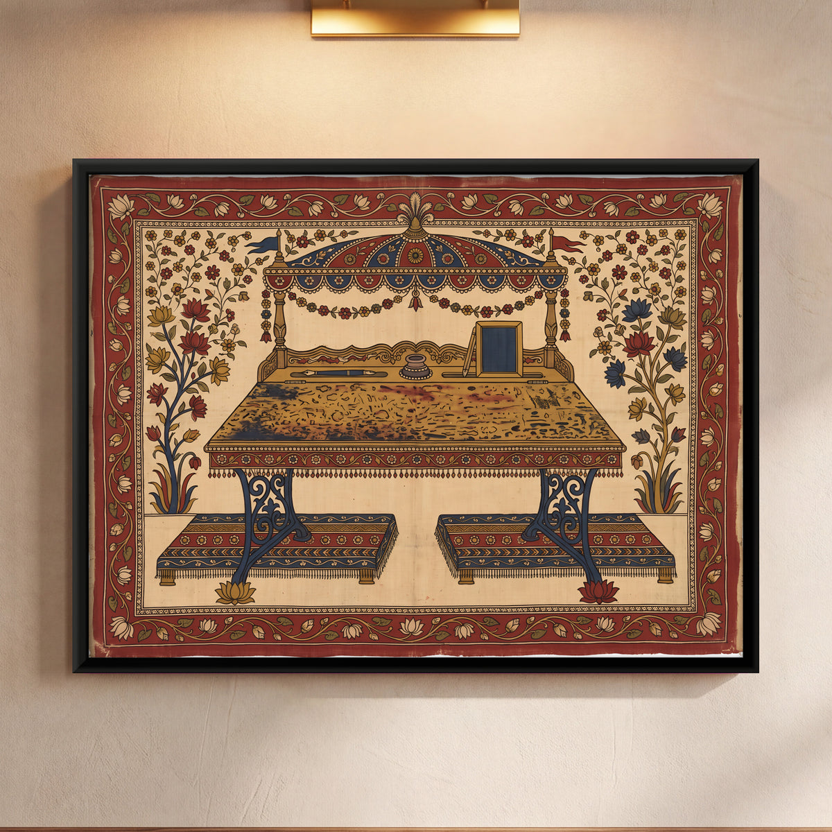 Writing Desk and Benches - framed canvas art hung on a wall