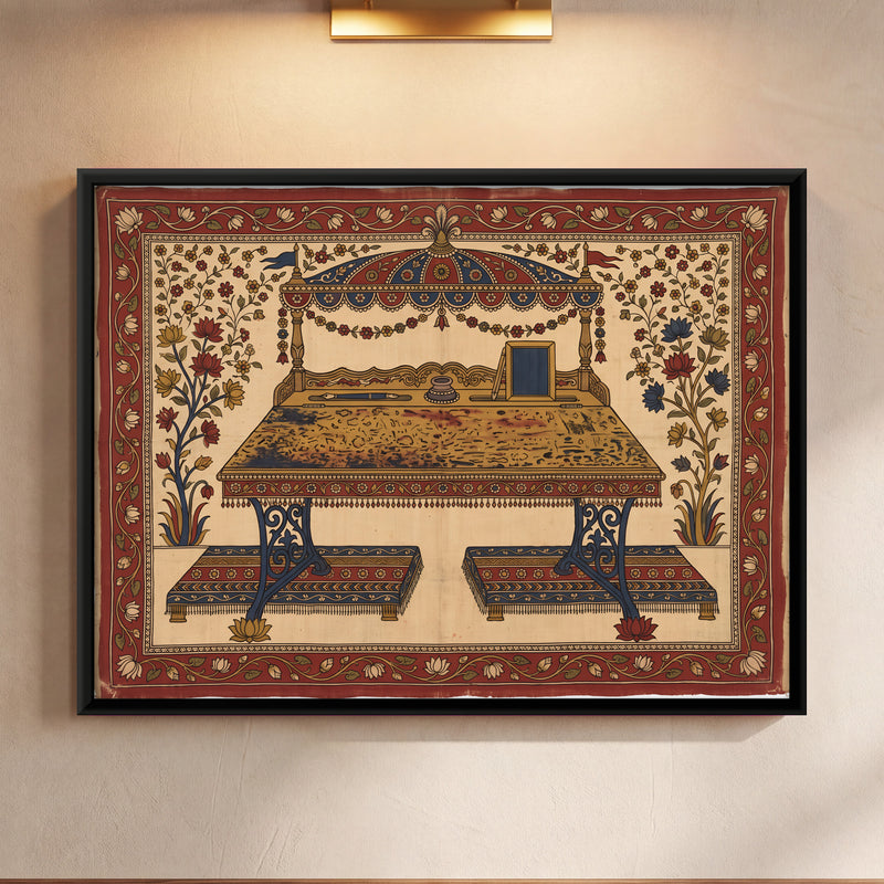Writing Desk and Benches - framed canvas art hung on a wall