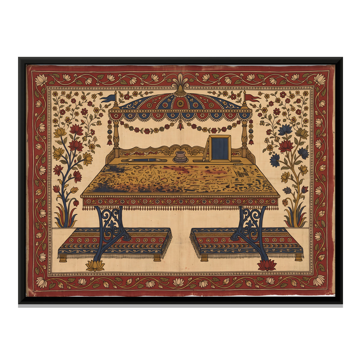 Writing Desk and Benches - framed canvas print, front view