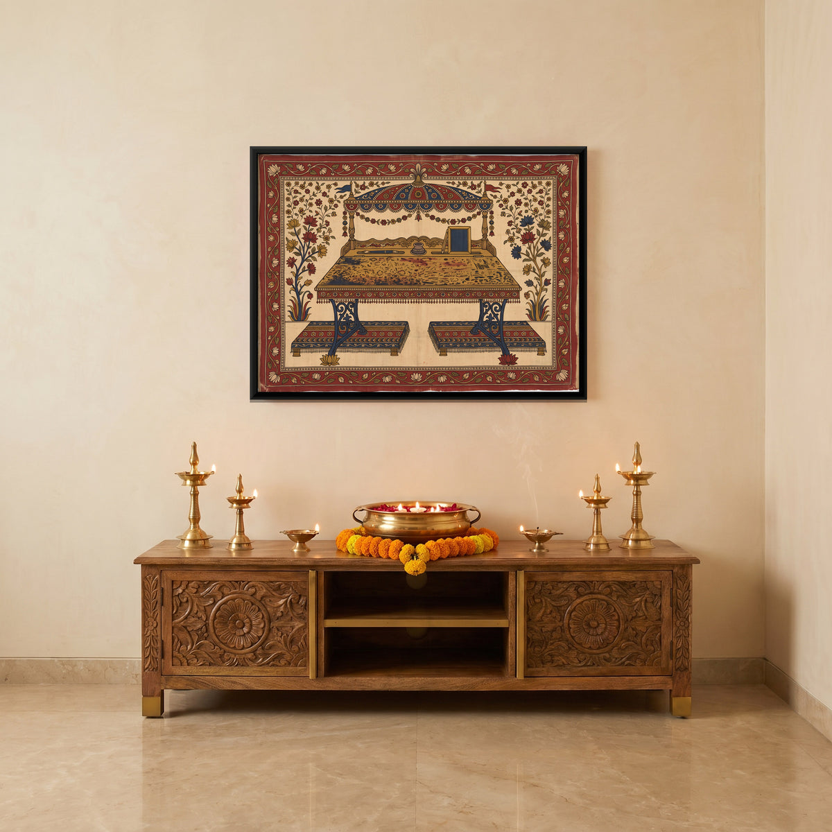 Writing Desk and Benches - canvas art shown in a styled room