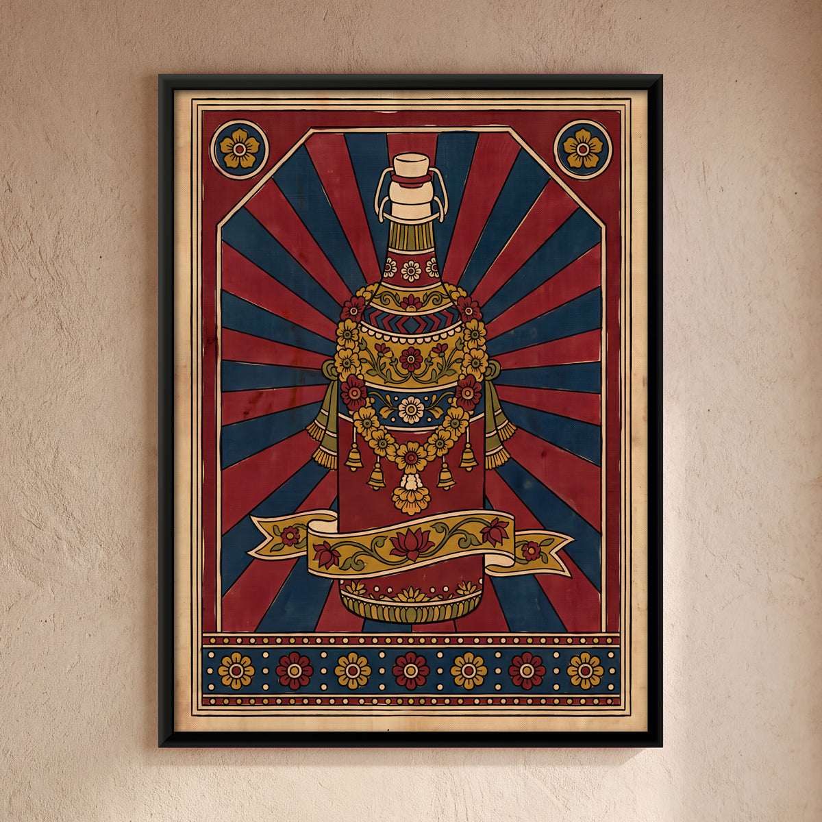 Garlanded Bottle on a Sunburst - framed canvas art hung on a wall