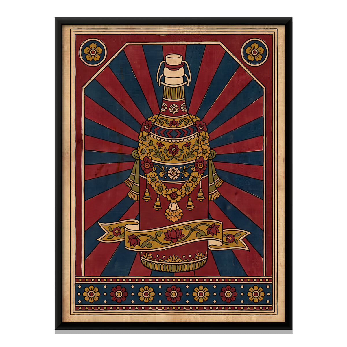 Garlanded Bottle on a Sunburst - framed canvas print, front view