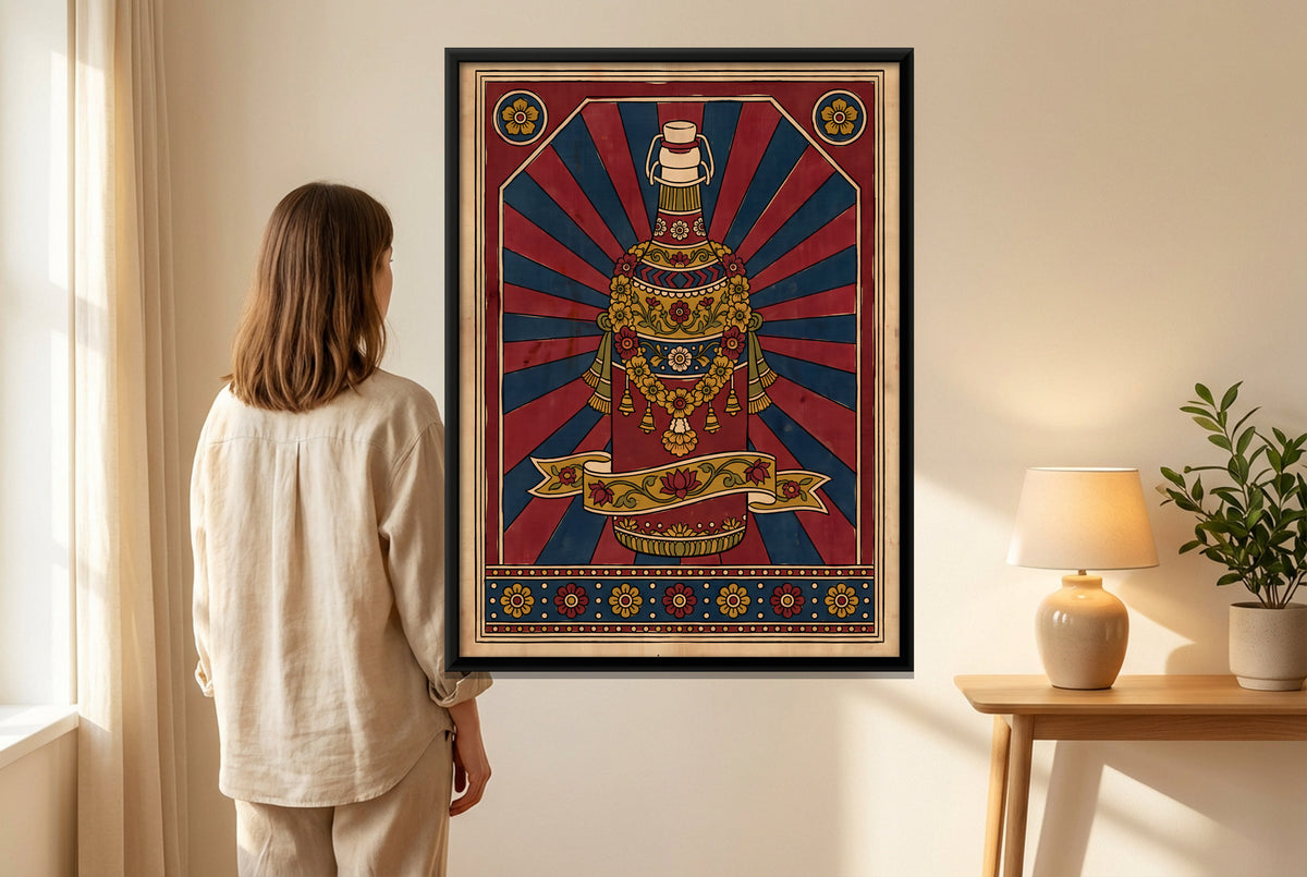 Garlanded Bottle on a Sunburst - canvas art shown in a styled room