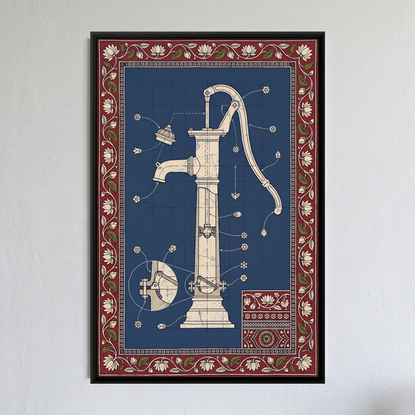 Blueprint Style Drawing of a Hand Pump