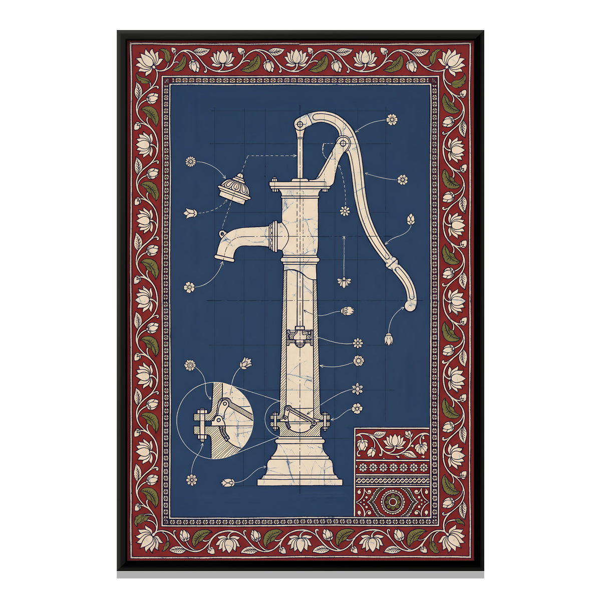 Hand Pump Blueprint - framed canvas print, front view