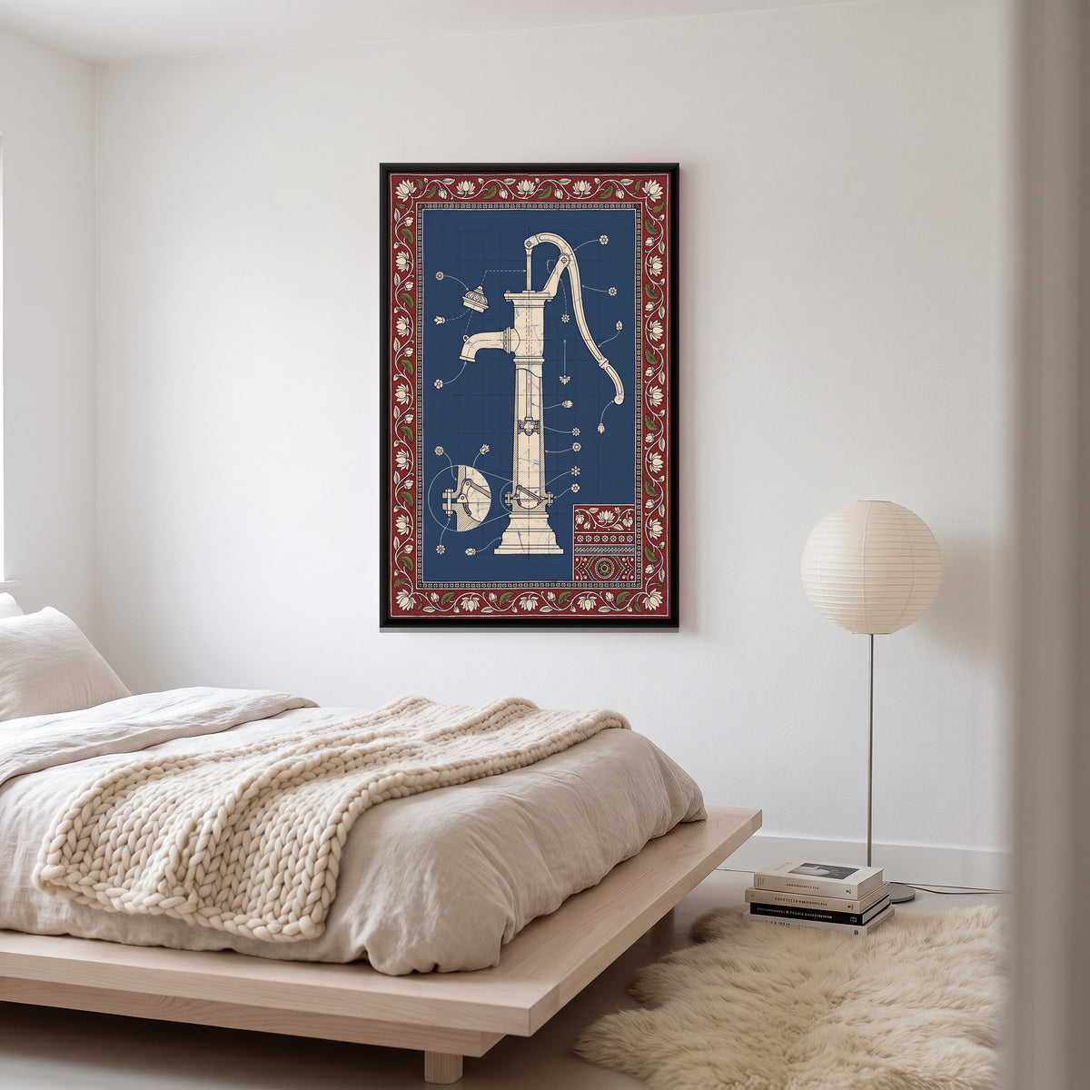 Hand Pump Blueprint - canvas art shown in a styled room