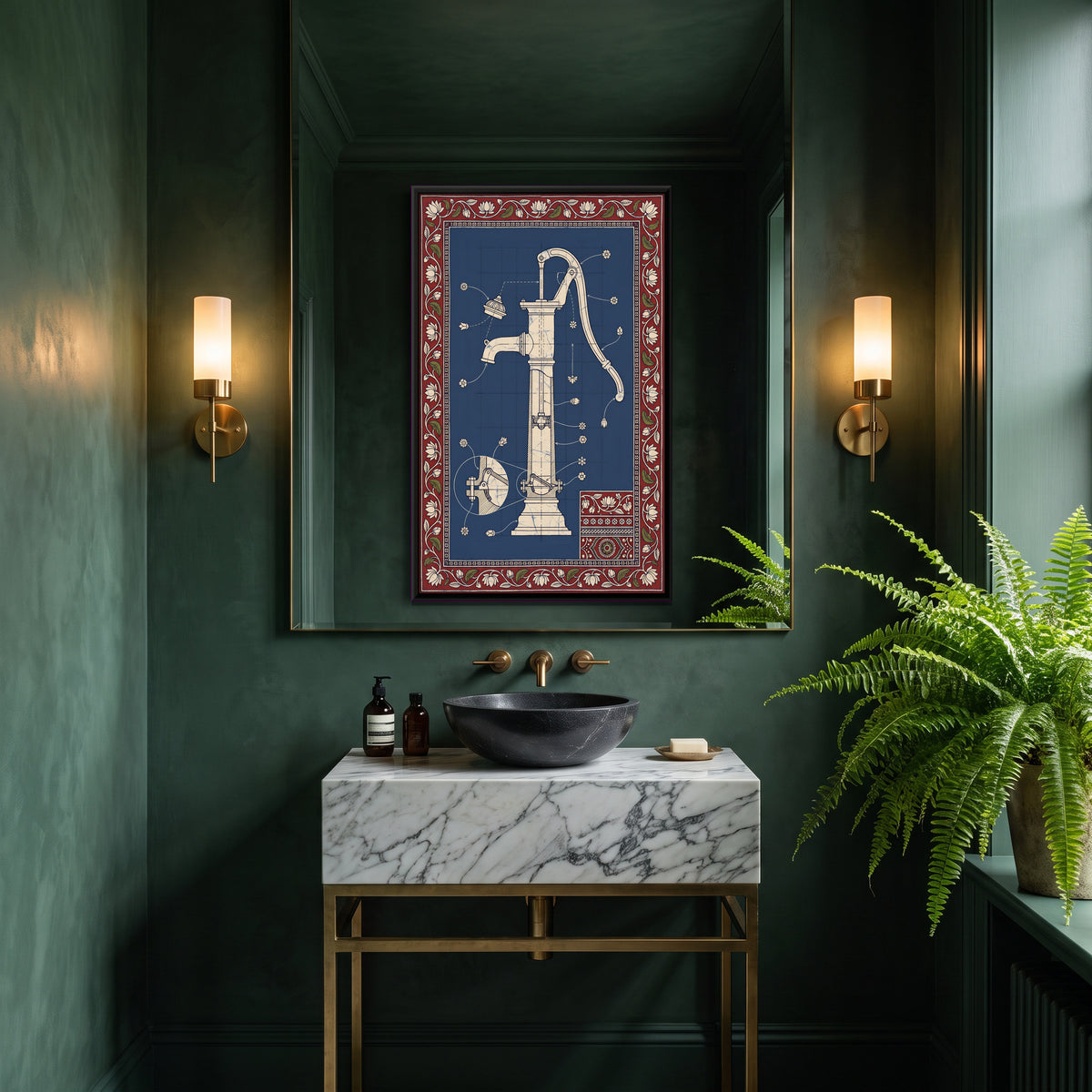 Hand Pump Blueprint - canvas art shown in a second room setting