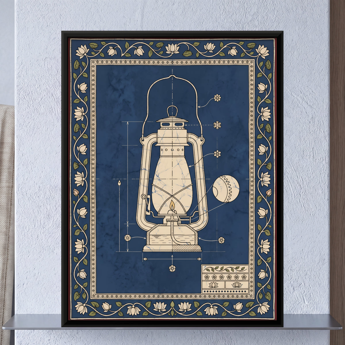 Hurricane Lantern Blueprint - framed canvas art hung on a wall