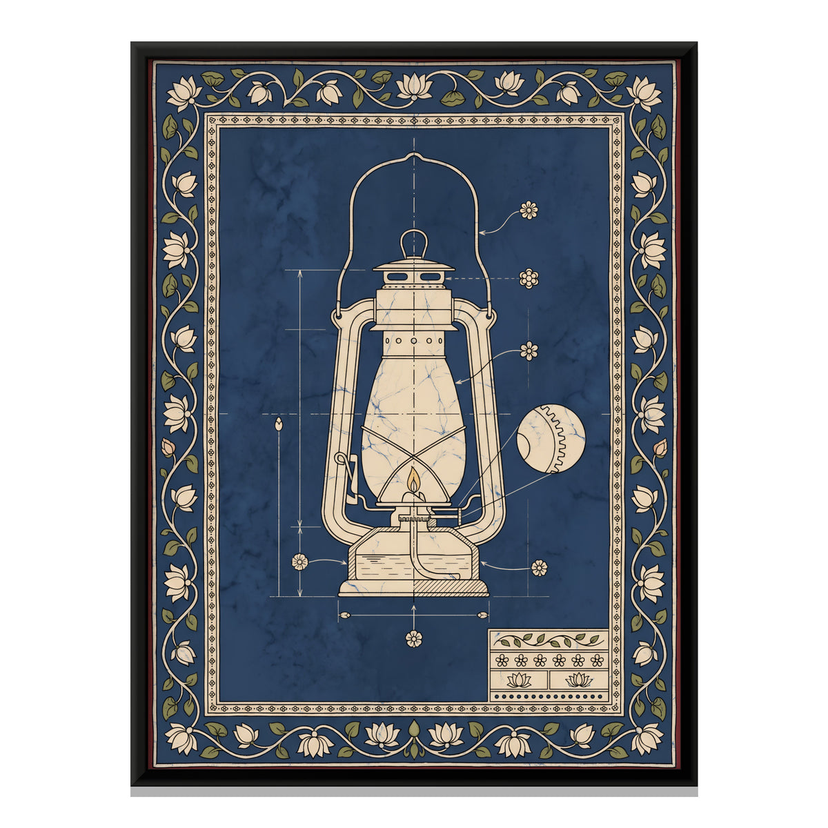 Hurricane Lantern Blueprint - framed canvas print, front view