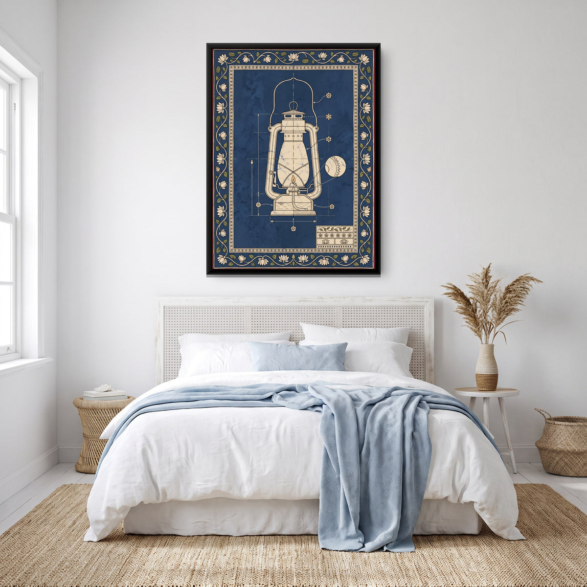 Hurricane Lantern Blueprint - canvas art shown in a styled room