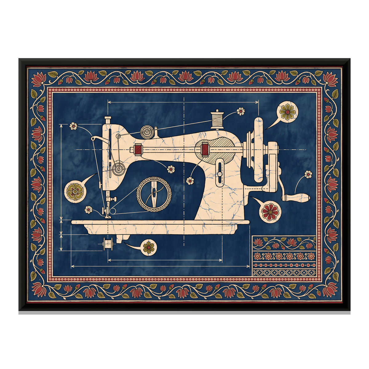Sewing Machine Blueprint - framed canvas print, front view