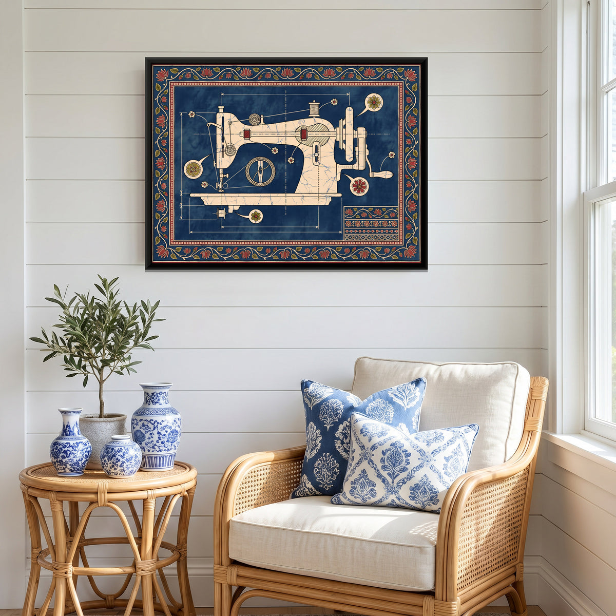 Sewing Machine Blueprint - canvas art shown in a styled room