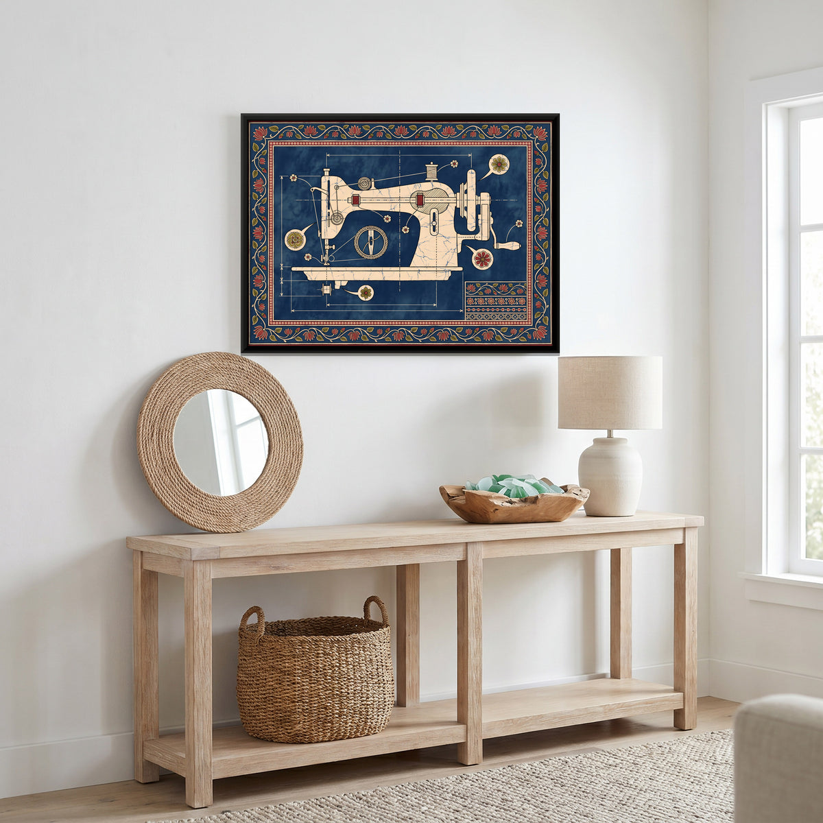 Sewing Machine Blueprint - canvas art shown in a second room setting