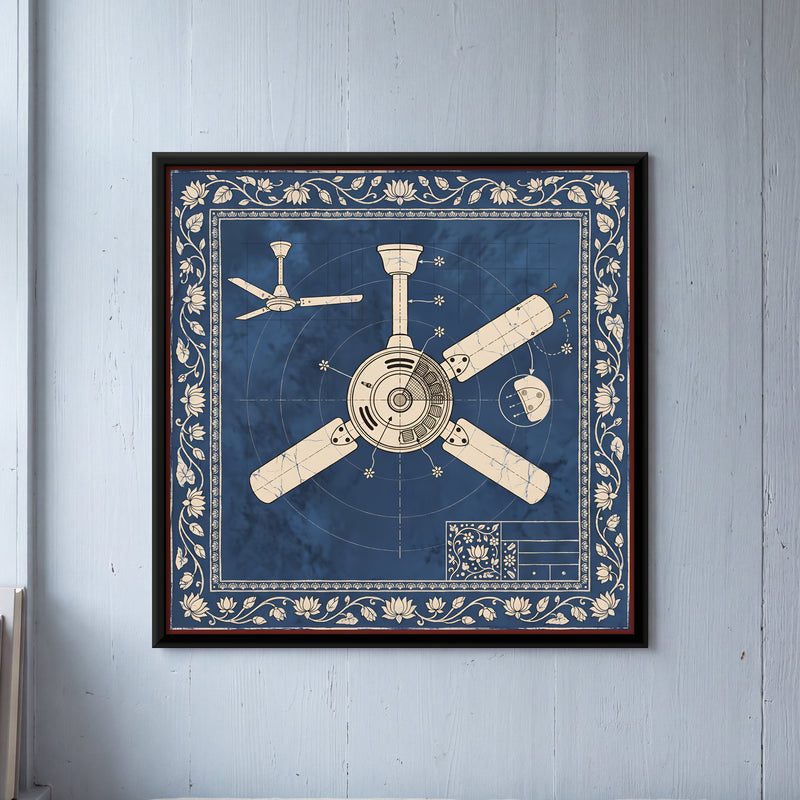 Ceiling Fan Blueprint - framed canvas art hung on a wall