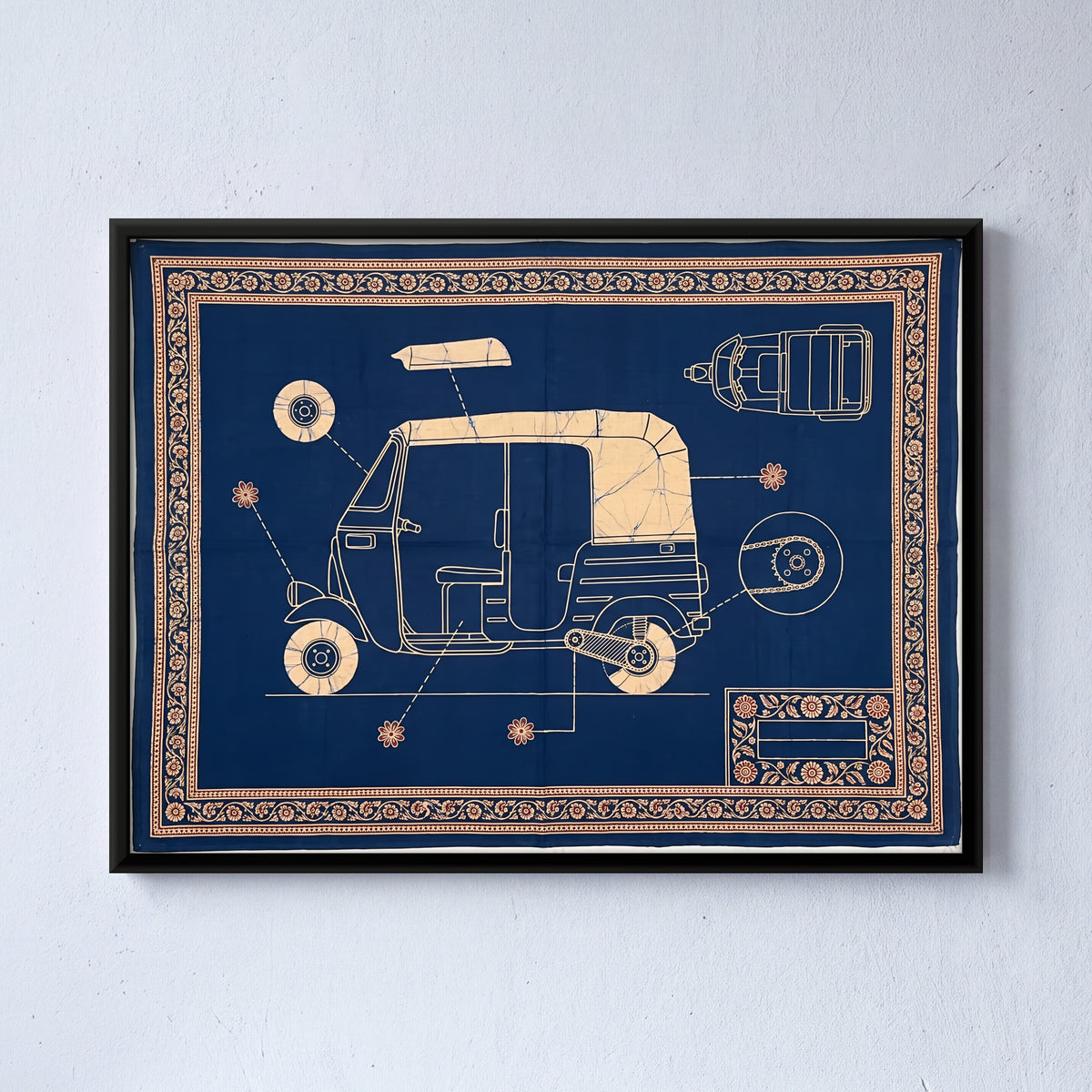 Auto Rickshaw Blueprint - framed canvas art hung on a wall