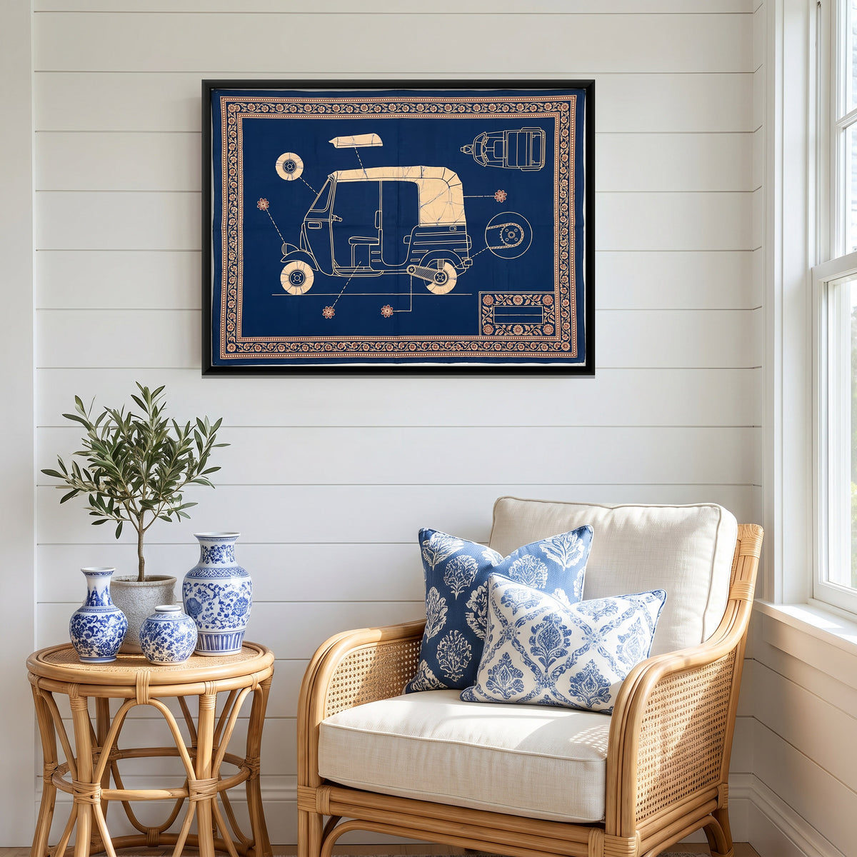 Auto Rickshaw Blueprint - canvas art shown in a styled room