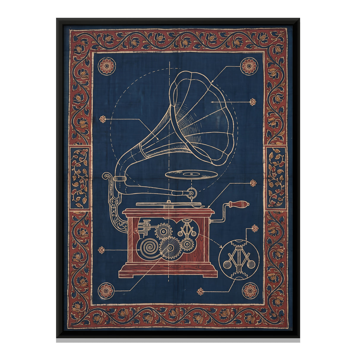 Gramophone Blueprint - framed canvas print, front view