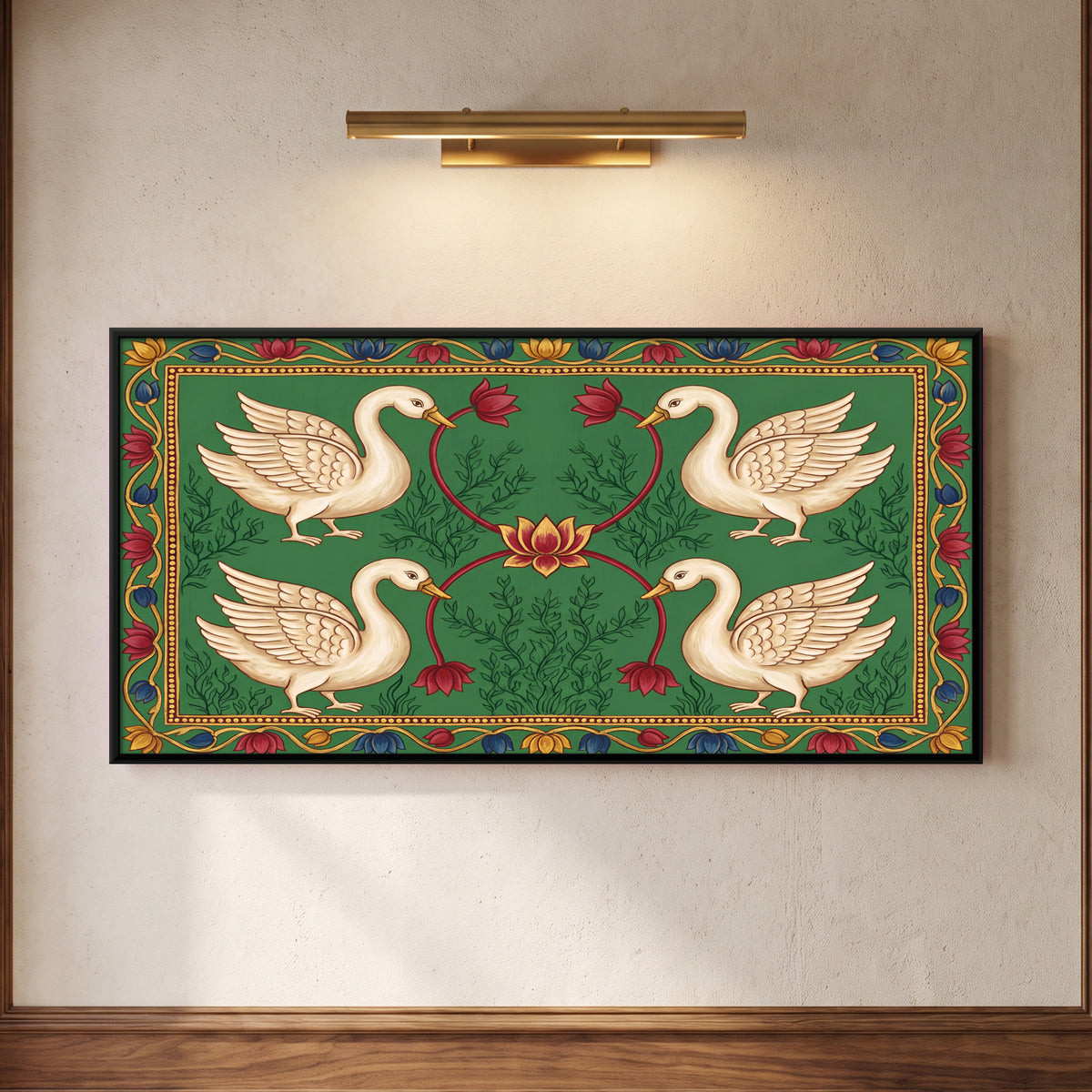 Four Swans Around a Lotus - framed canvas art hung on a wall