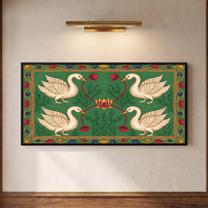 Four Swans Around a Lotus - framed canvas art hung on a wall
