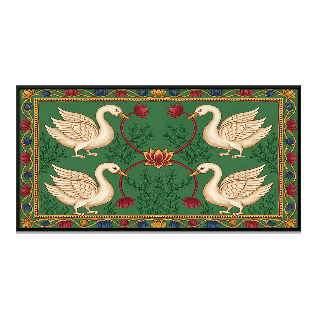 Four Swans Around a Lotus - framed canvas print, front view