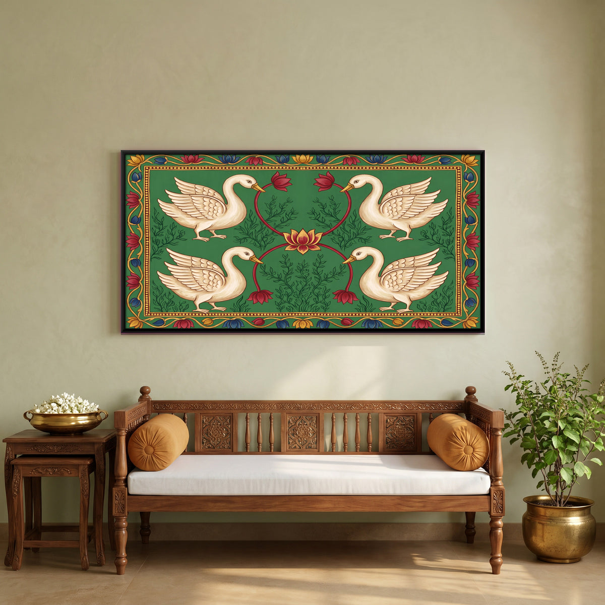 Four Swans Around a Lotus - canvas art shown in a styled room