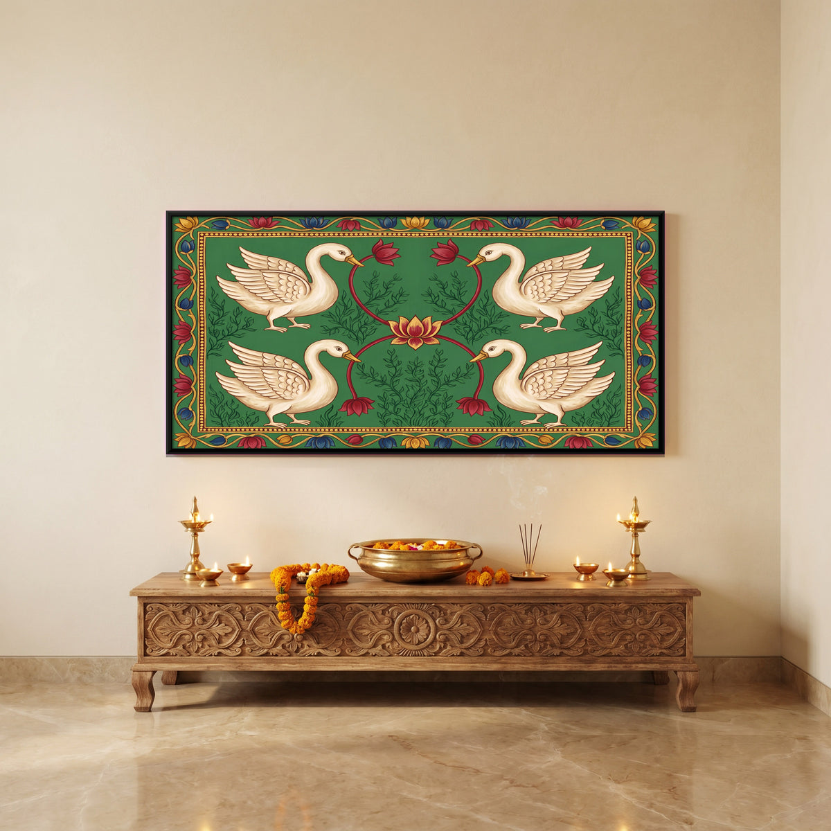 Four Swans Around a Lotus - canvas art shown in a second room setting