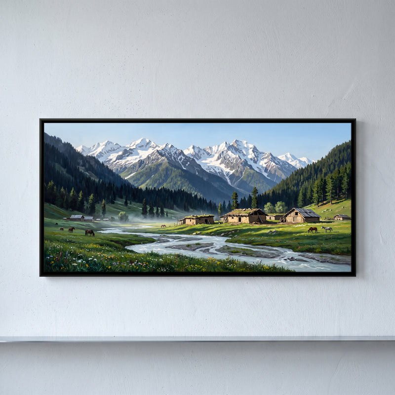 Village in the Aru Valley - framed canvas art hung on a wall