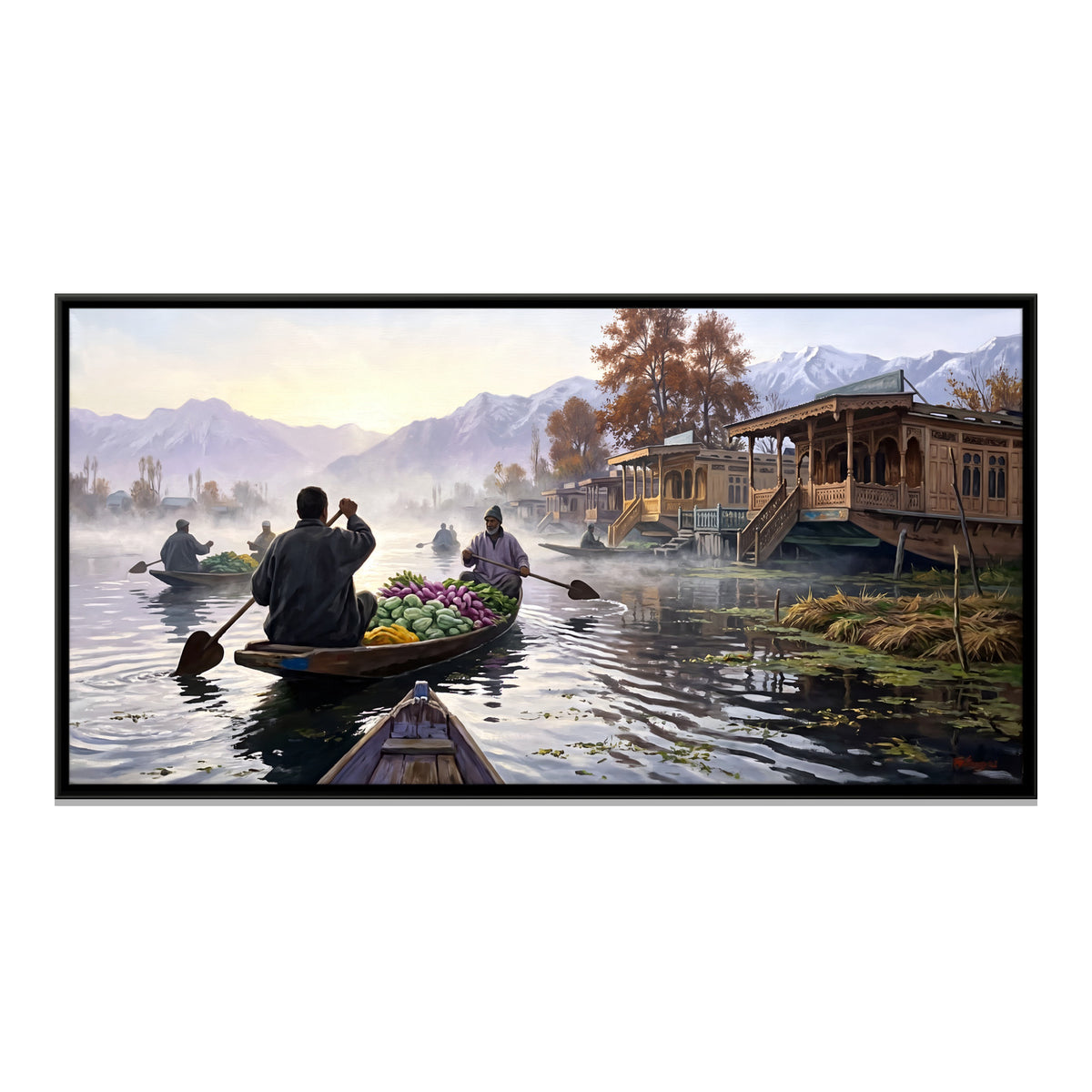 Floating Market on Dal Lake - framed canvas print, front view