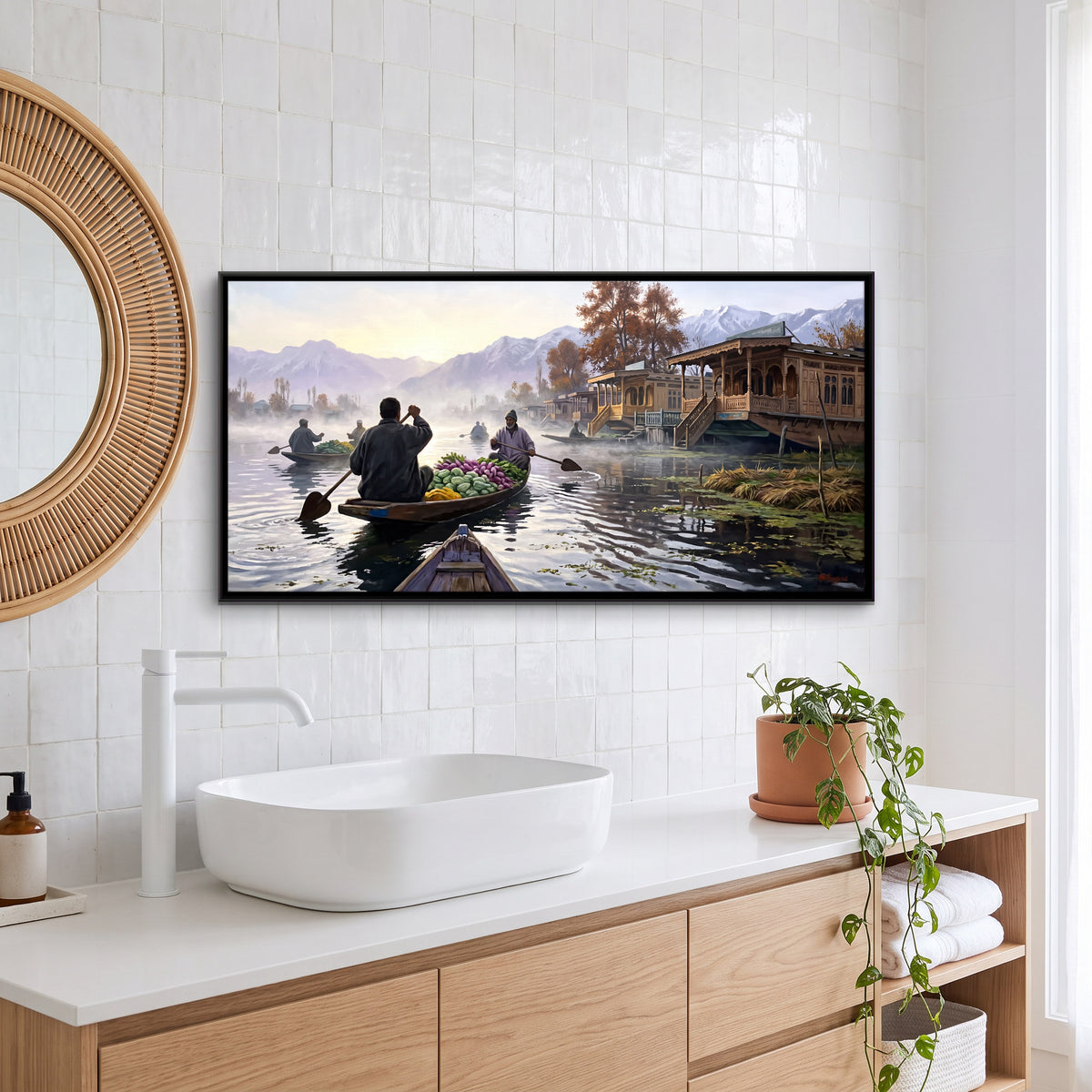 Floating Market on Dal Lake - canvas art shown in a styled room