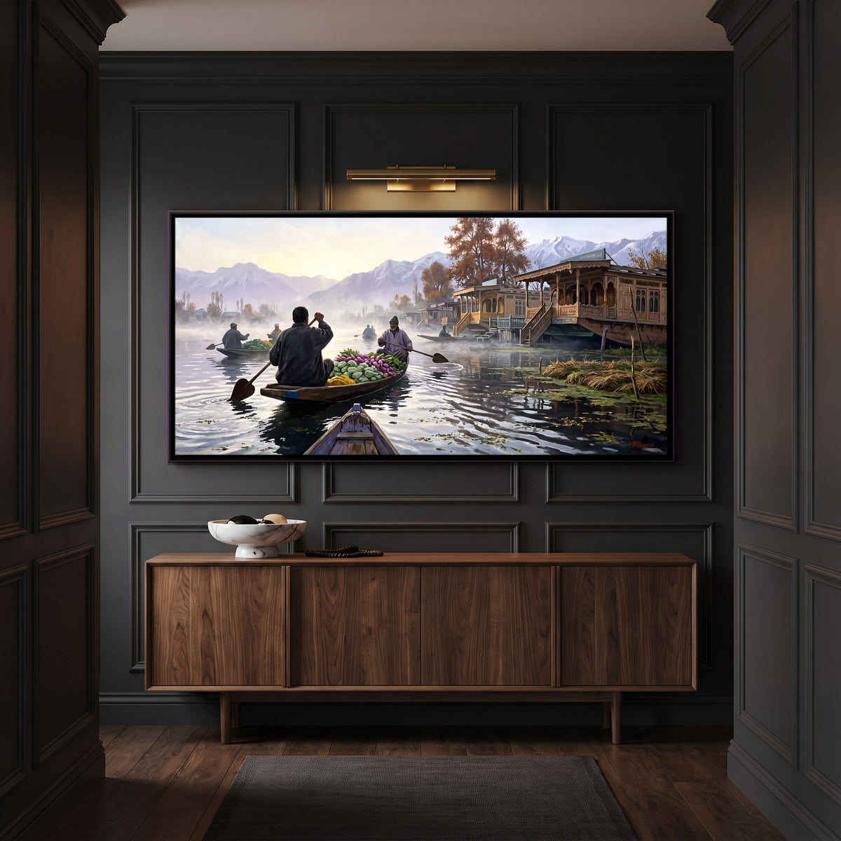 Floating Market on Dal Lake - canvas art shown in a second room setting