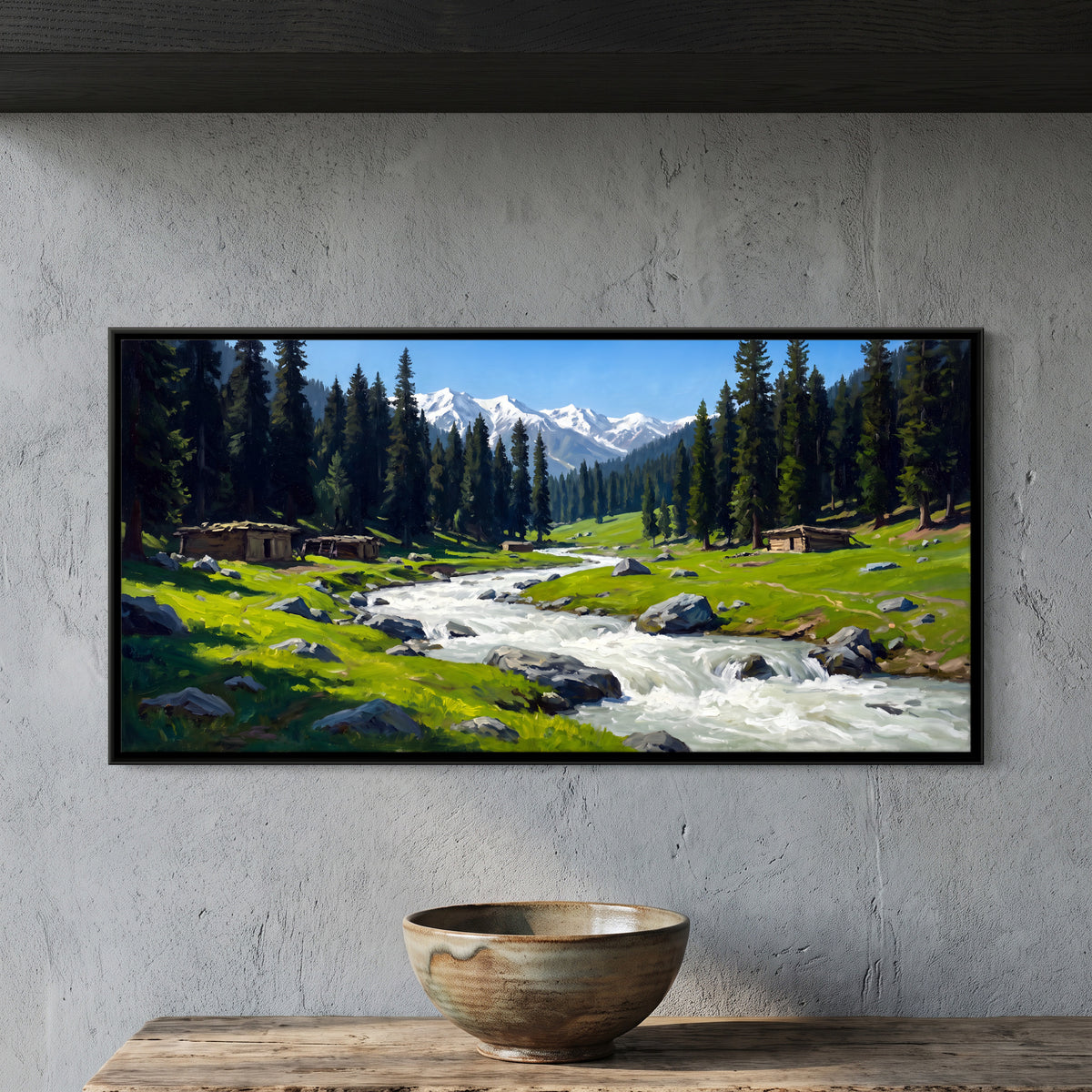 Mountain Stream at Doodhpathri - framed canvas art hung on a wall