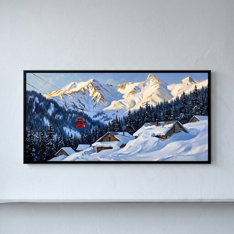 Gulmarg Gondola in Winter - framed canvas art hung on a wall