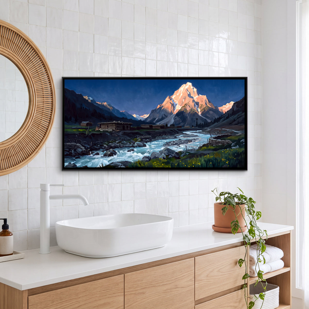 Snow Peak Above the Gurez Valley - canvas art shown in a styled room