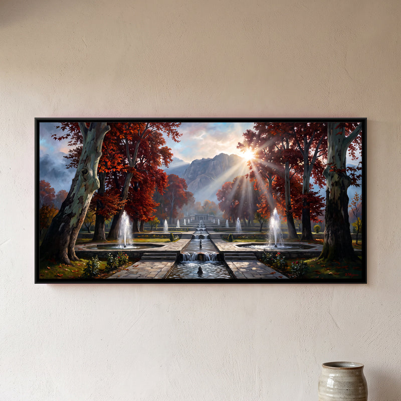 Mughal Garden Fountains in Autumn - framed canvas art hung on a wall