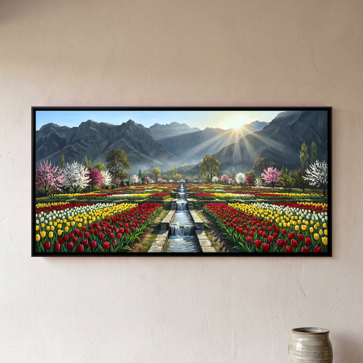 Tulip Garden in Bloom - framed canvas art hung on a wall