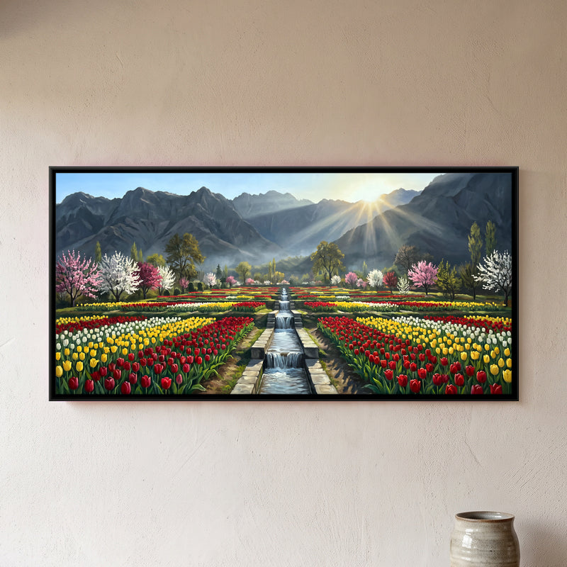 Tulip Garden in Bloom - framed canvas art hung on a wall