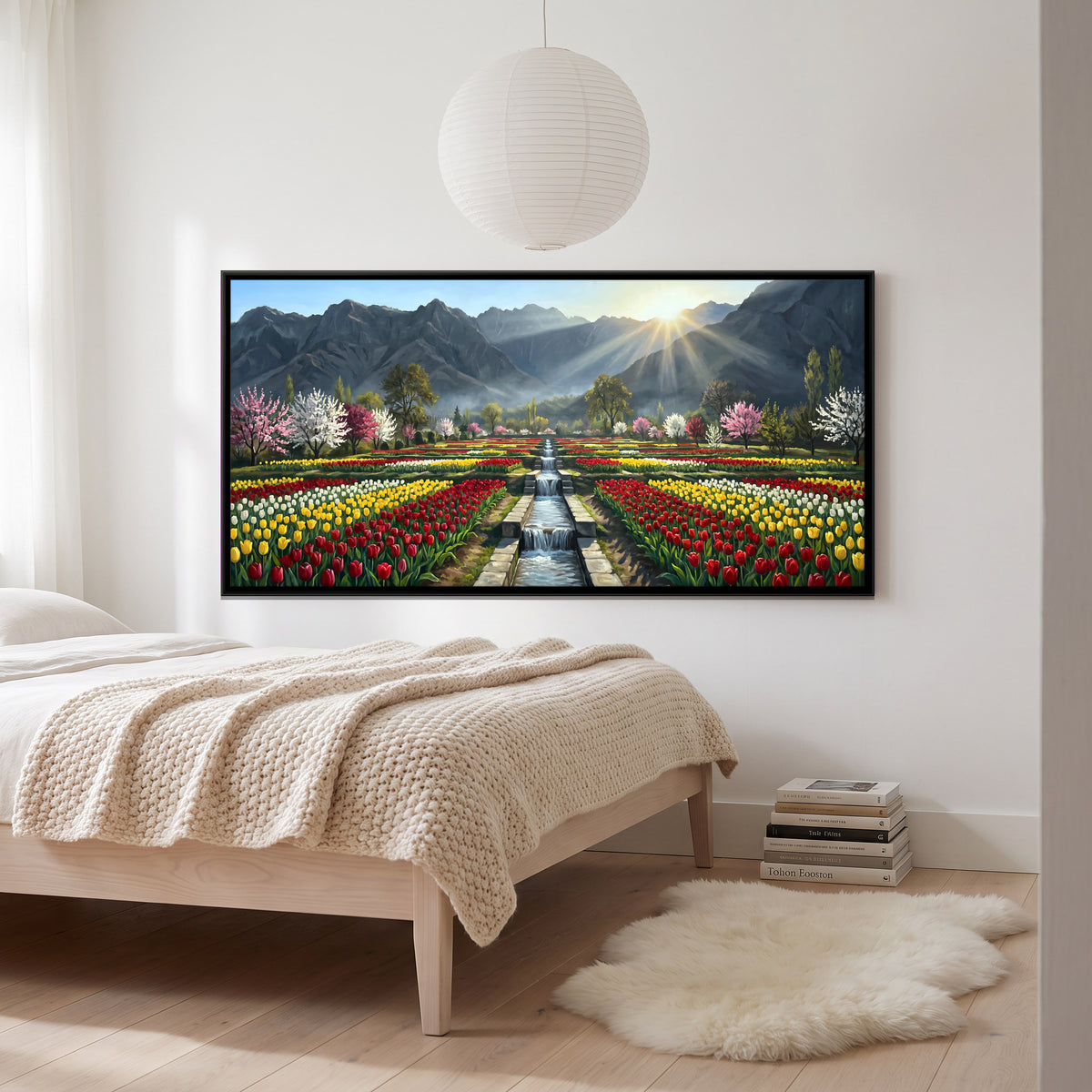Tulip Garden in Bloom - canvas art shown in a styled room