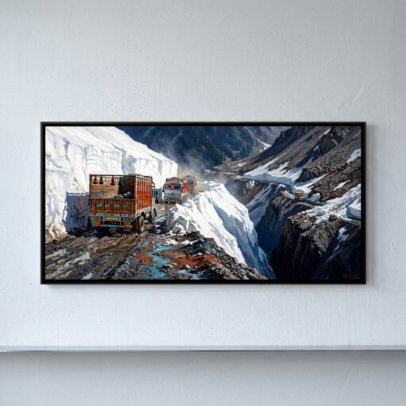 Trucks on the Zojila Pass - framed canvas art hung on a wall