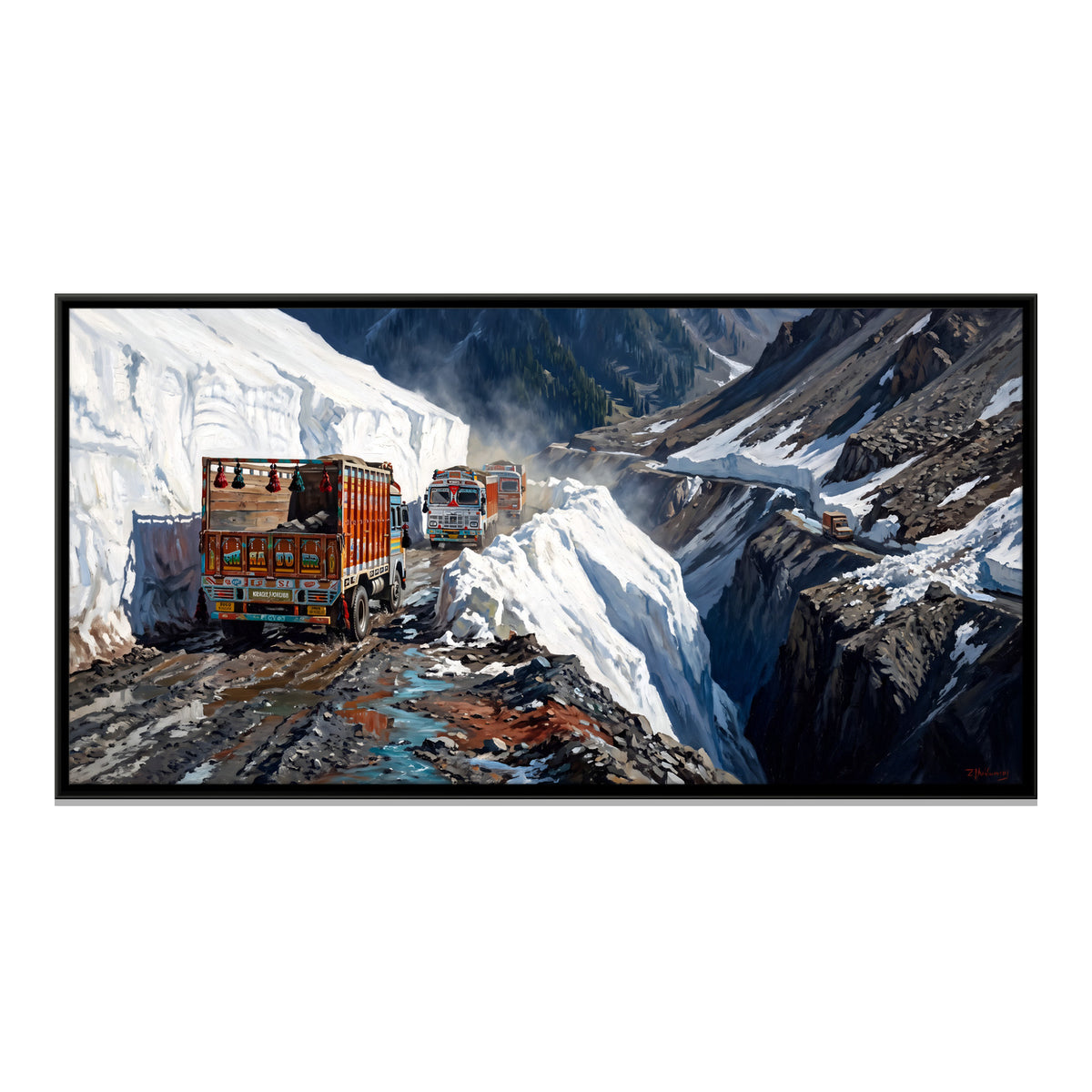 Trucks on the Zojila Pass - framed canvas print, front view