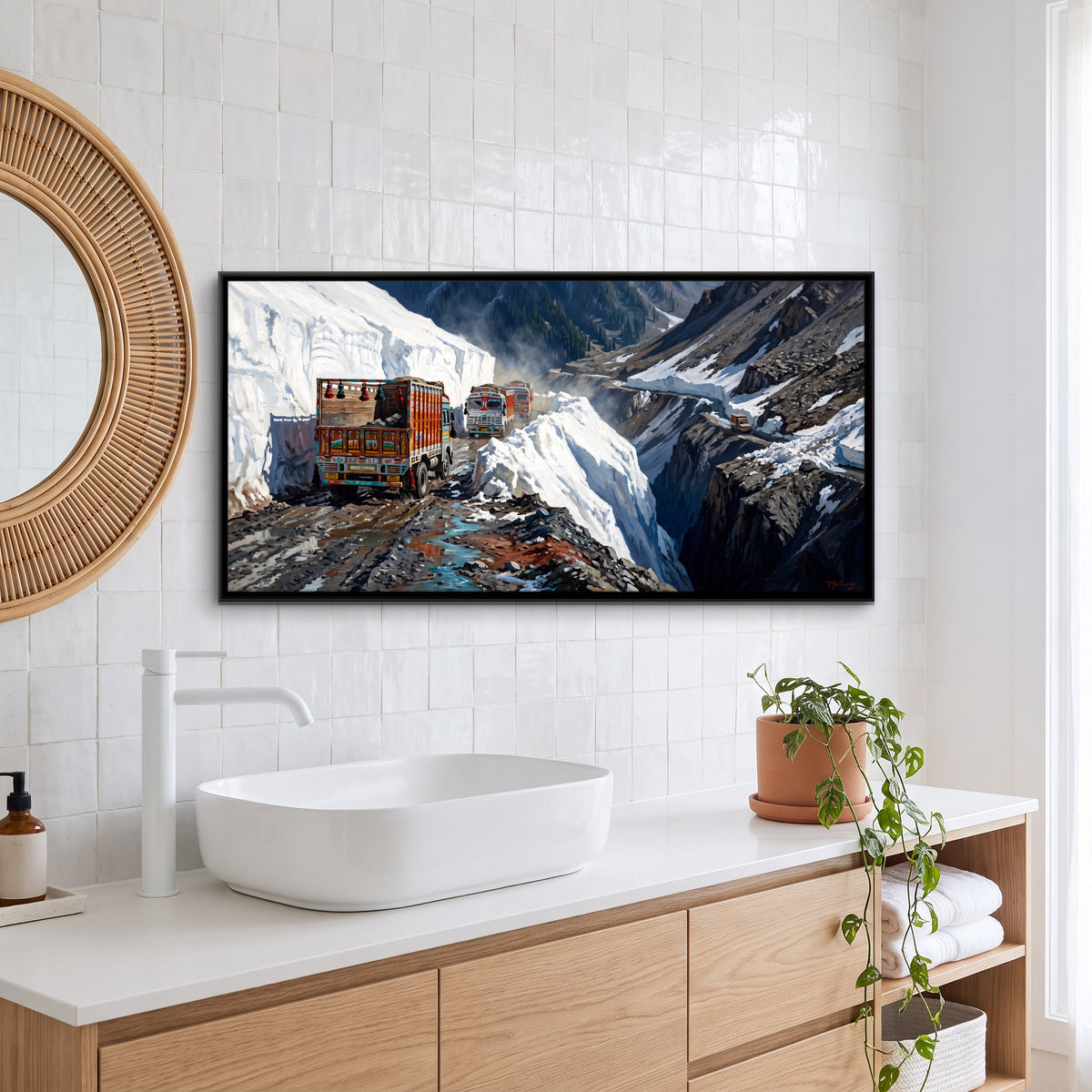 Trucks on the Zojila Pass - canvas art shown in a styled room