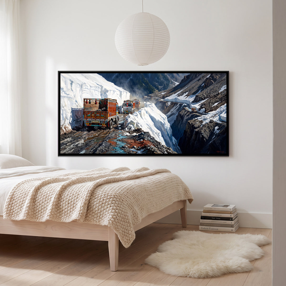 Trucks on the Zojila Pass - canvas art shown in a second room setting