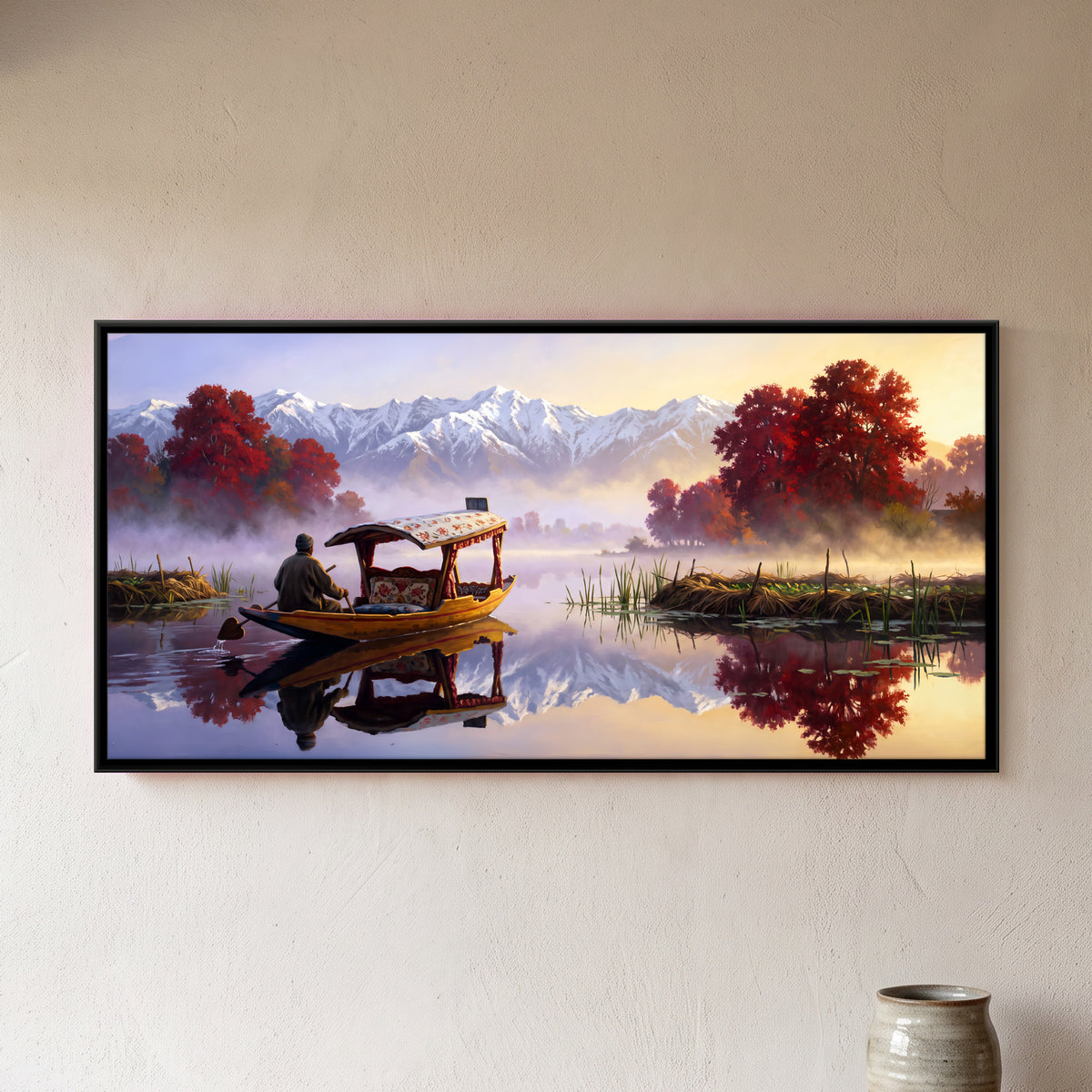 Shikara on Dal Lake - framed canvas art hung on a wall