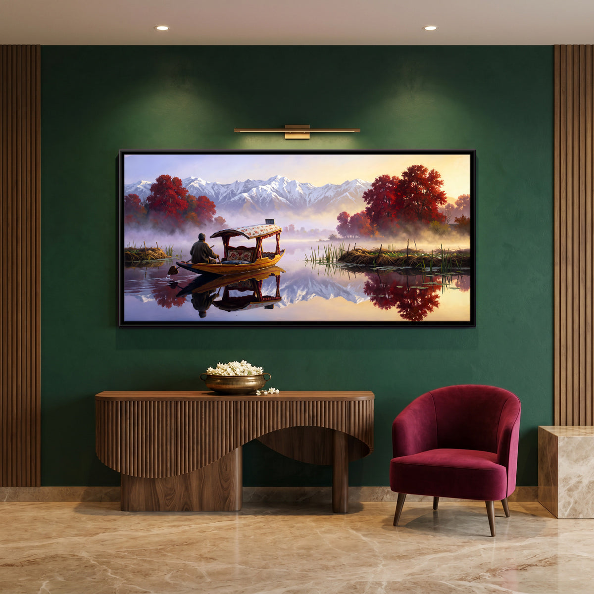 Shikara on Dal Lake - canvas art shown in a second room setting