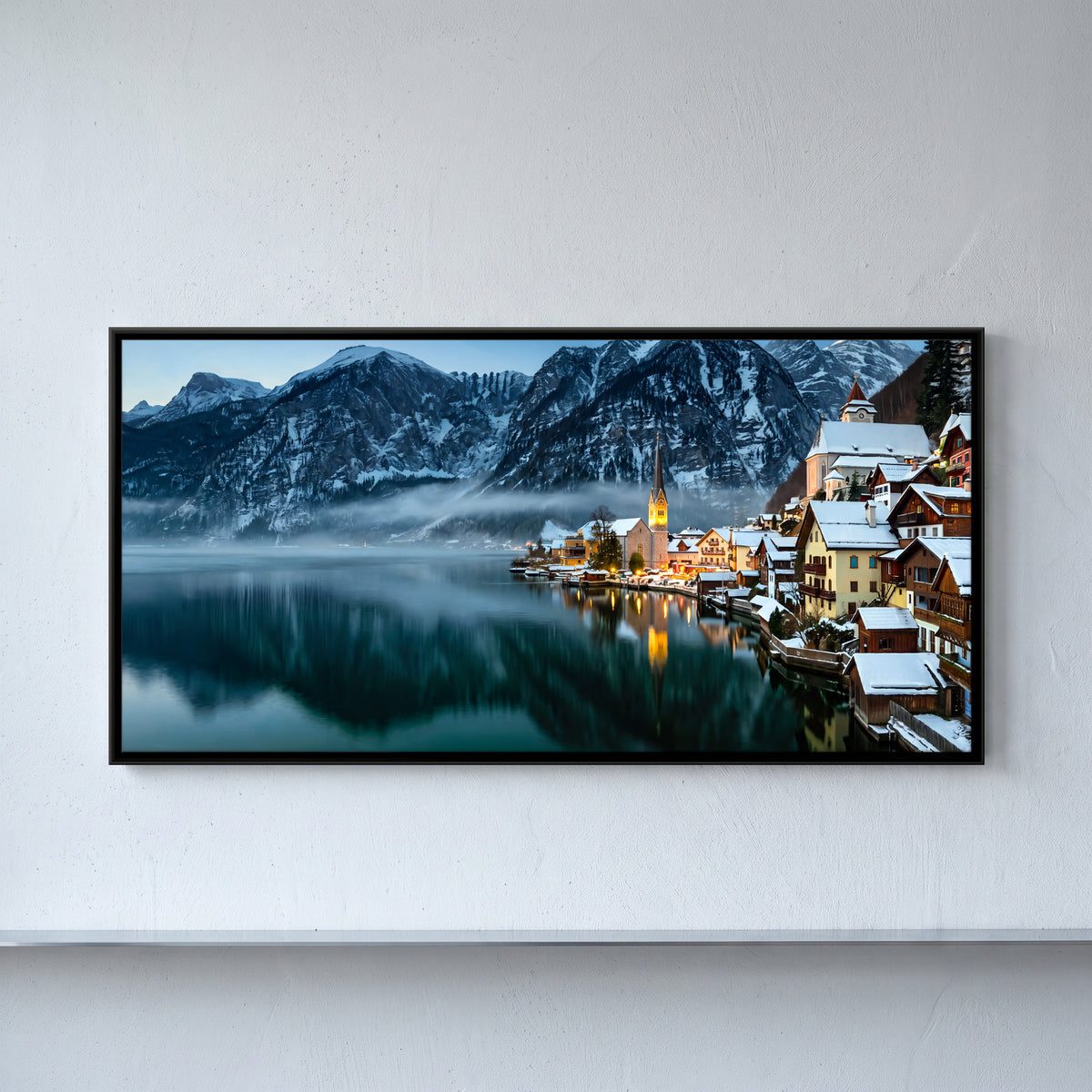 Hallstatt Lakeside Village - framed canvas art hung on a wall