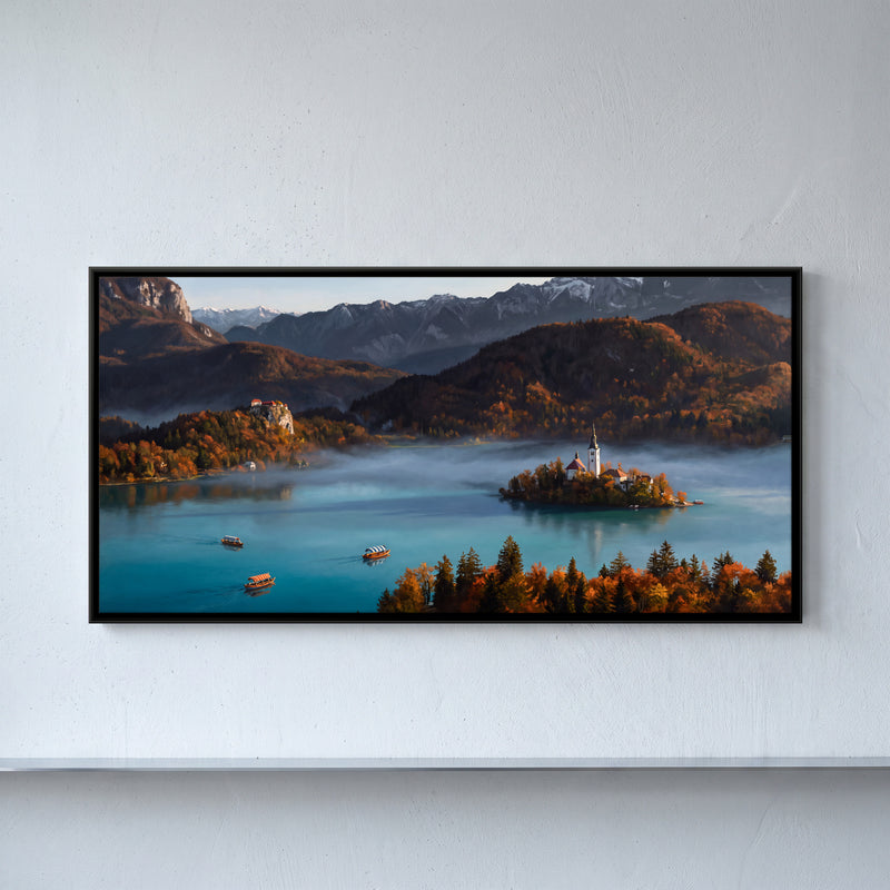 Island Church on Lake Bled - framed canvas art hung on a wall