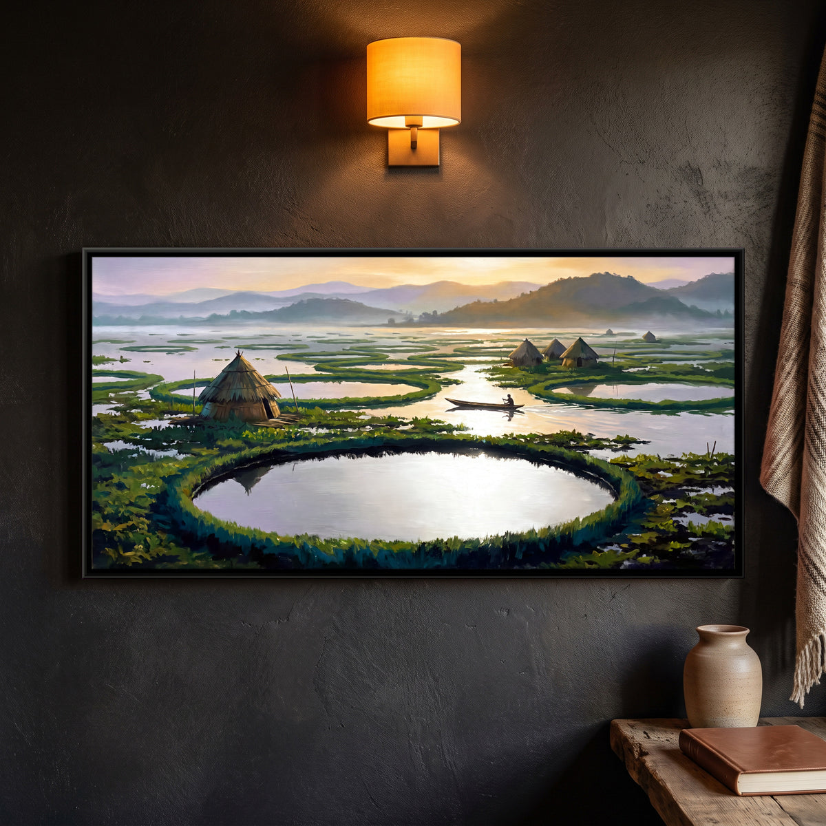Fishing Huts on Loktak Lake - framed canvas art hung on a wall