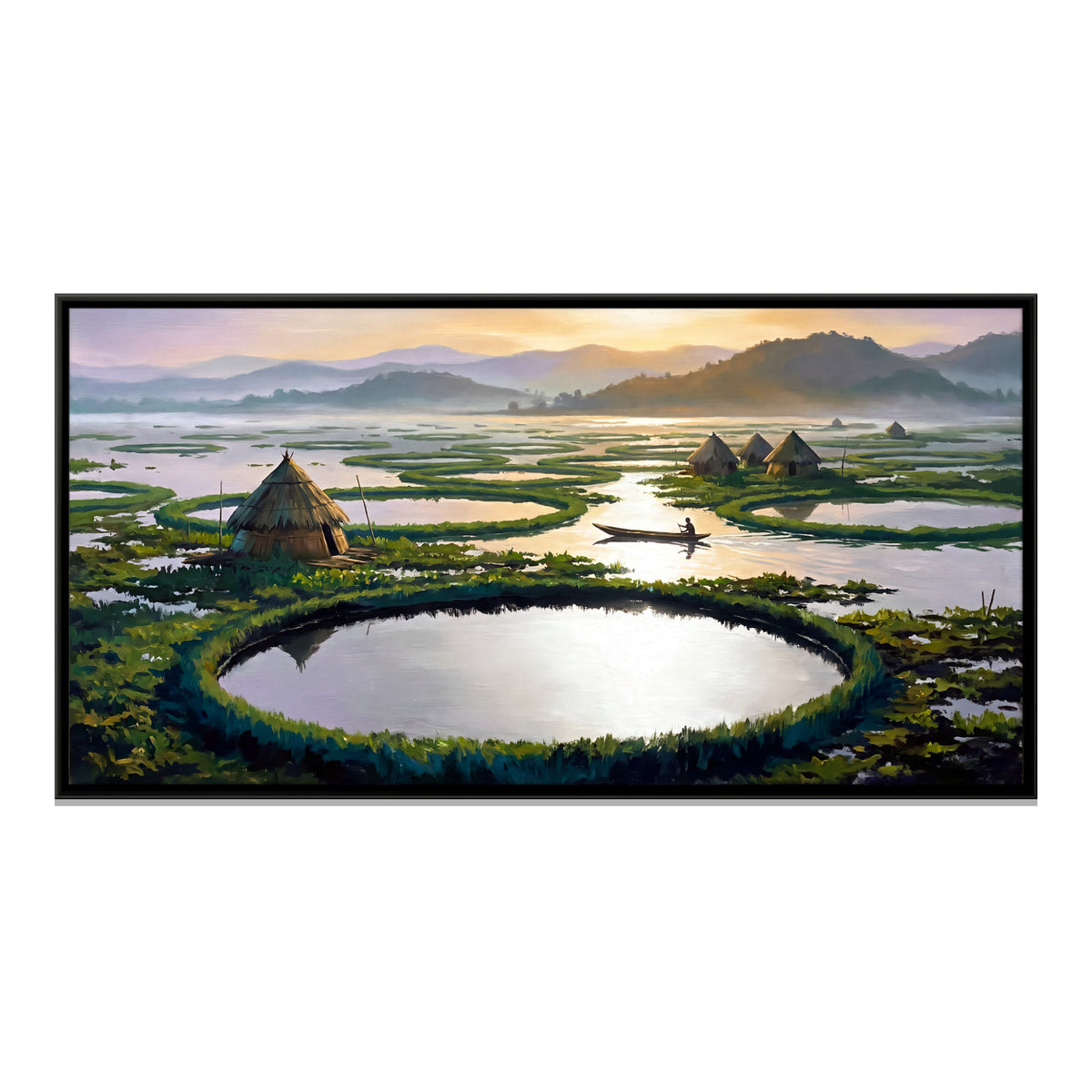 Fishing Huts on Loktak Lake - framed canvas print, front view