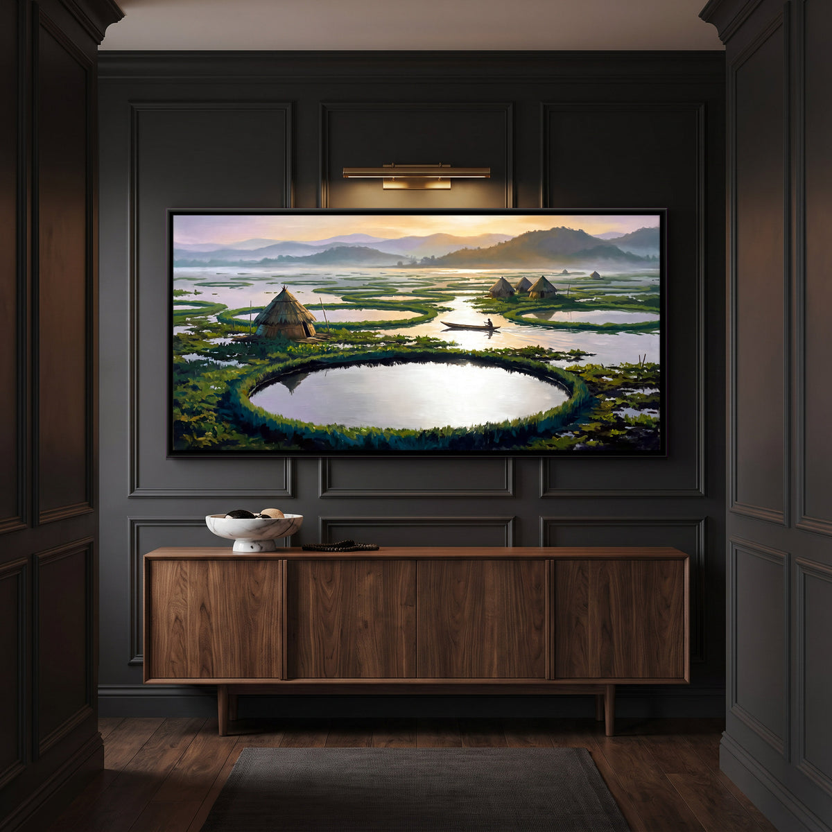 Fishing Huts on Loktak Lake - canvas art shown in a second room setting
