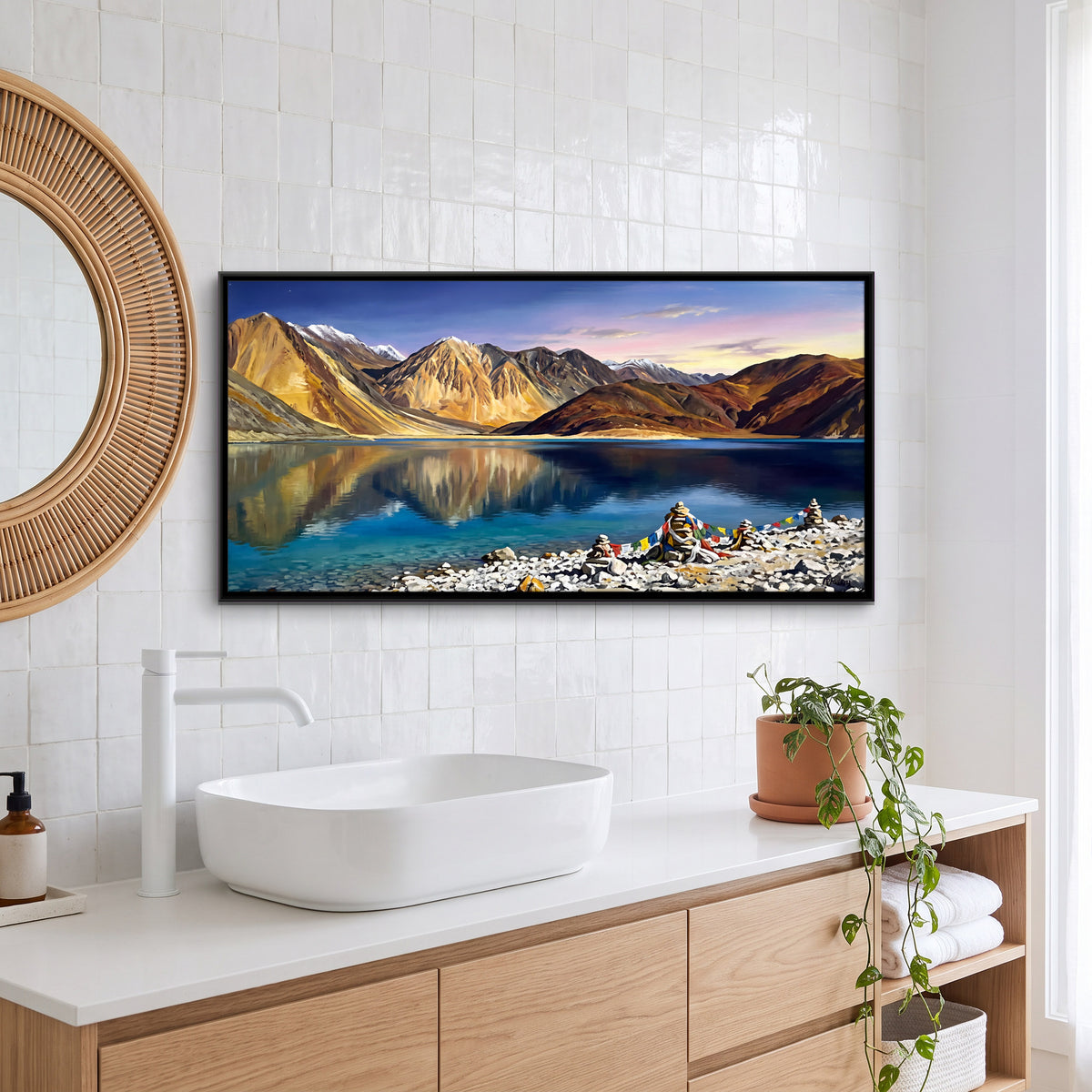Prayer Flags at Pangong Lake - canvas art shown in a styled room