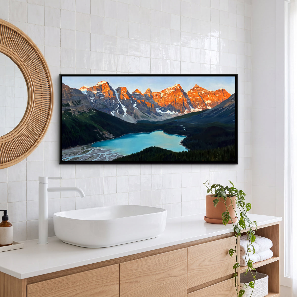 Peyto Lake Below Sunlit Peaks - canvas art shown in a styled room